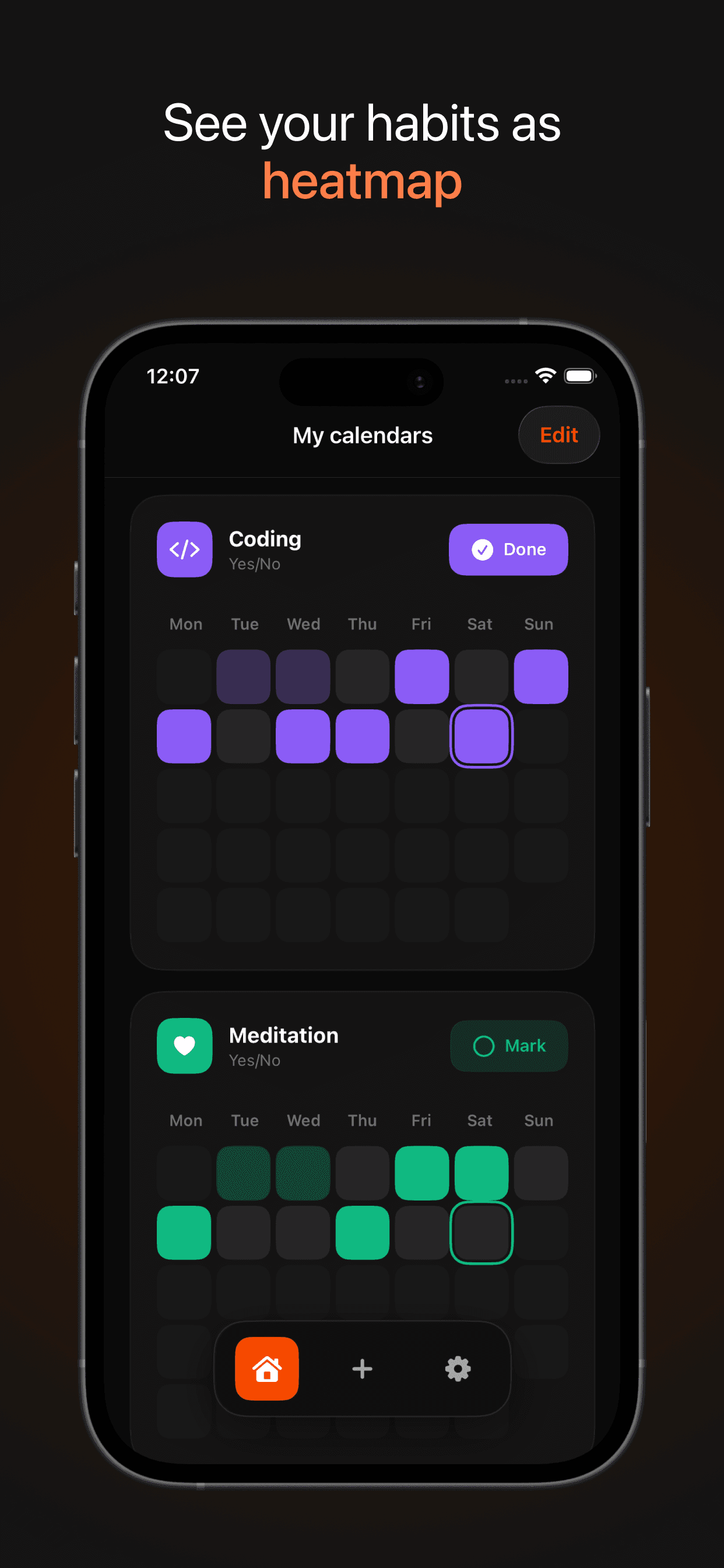 HeatMap calendars showing habits as a heatmap grid